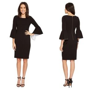 Calvin Klein Witchy Black Bell Sleeve Sheath Dress Women Size 16W Cocktail Ofice